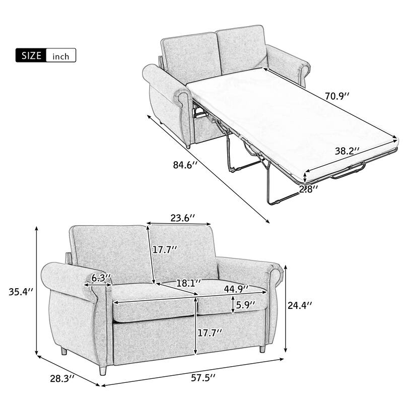 57.5" Pull Out Sofa Bed Versatile Twin Size Sleeper Sofa Bed Breathable